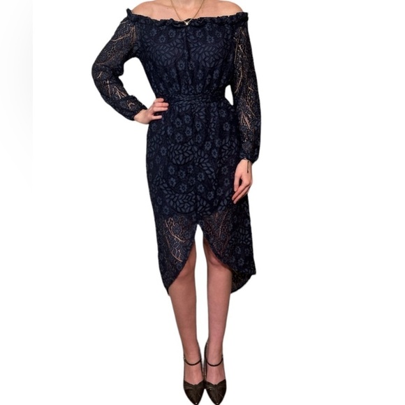 Jaase Dresses & Skirts - Jaase Navy Blue Lace Dress On or Off Shoulder Puffy Long Sheer Sleeve Hi Low Hem